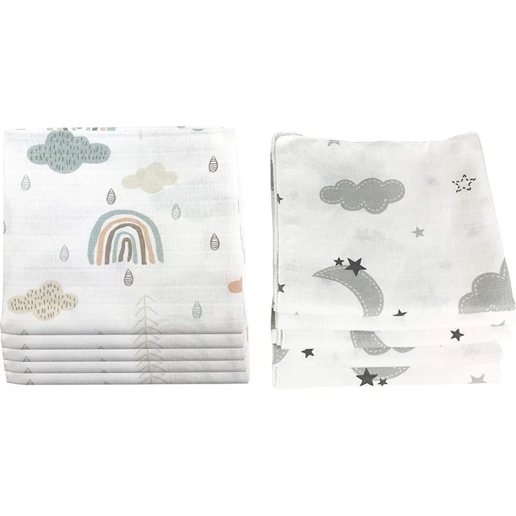 10x Spucktücher Mullwindeln Baby Baumwolle 80x70 cm (Wolken (5 grau, 5 grün)) – Bild 2