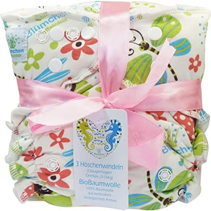Blümchen OneSize bunte Kuschel Höschenwindel 3 Stück BioBaumwolle (3-15kg) DruckknopfV2