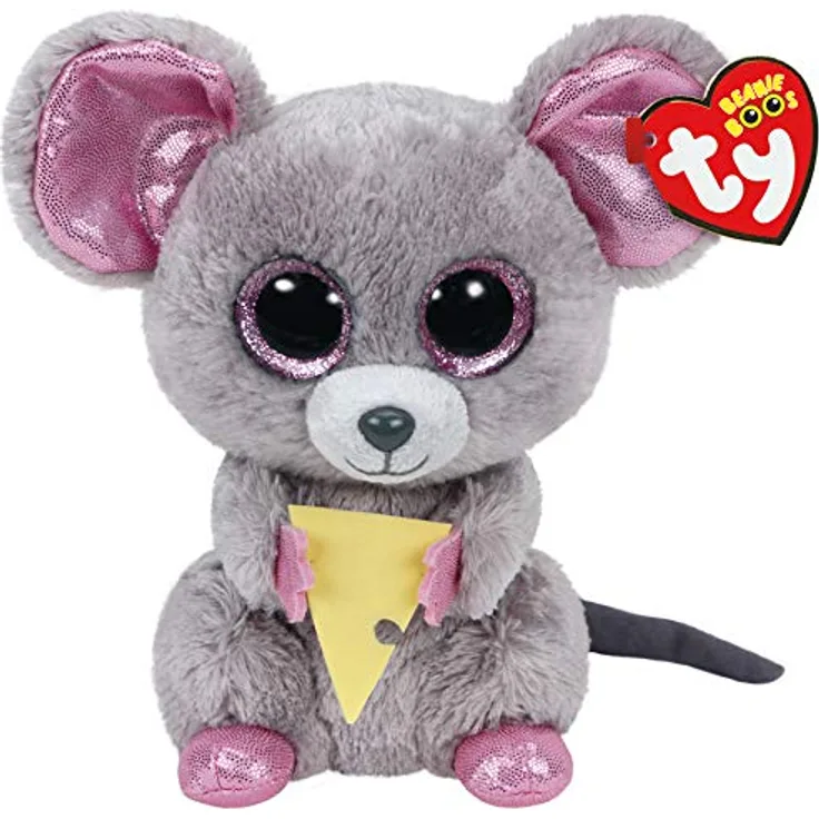 Carletto Ty 36192 Squeaker Mouse Ty 36192-Squeaker-Maus mit Käse, Glitzeraugen, Beanie Boo's, 15 cm, Beige/Pink