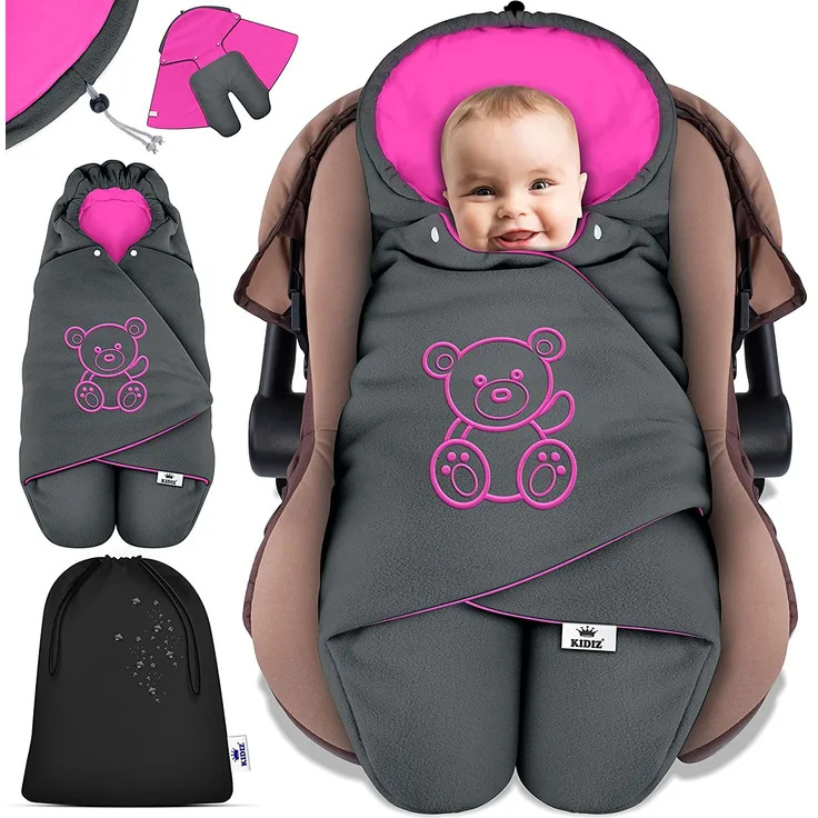 KIDIZ® Baby Einschlagdecke Winter mit Kapuze +Tasche Babyeinschlagdecke Universal für Babyschale, Autositz, z. B. für Maxi-Cosi, Römer für Buggy Babybett Kinderwagen & alle Gurtsysteme 3 & 5-Punkt Gurt Anthrazit / Pink