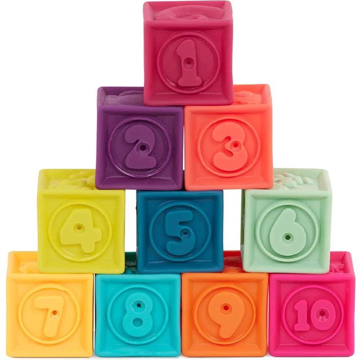 B. toys Baby Spielzeug Weiche Bauklötze, Bausteine Motorikspielzeug, Lernspielzeug, Stapelwürfel mit Zahlen und Tieren für Babys ab 6 Monate (10 Teile) - Preisvergleich – Bild 1