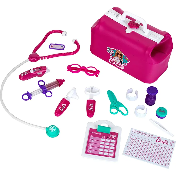 Theo Klein 4601 Barbie Arzttasche mit Zubehör, inkl. rosa Thermometer mit Licht- und Sound-Effekten, Stethoskop, Namensschild uvm, 18-teilig, Spielzeug ab 3 Jahre