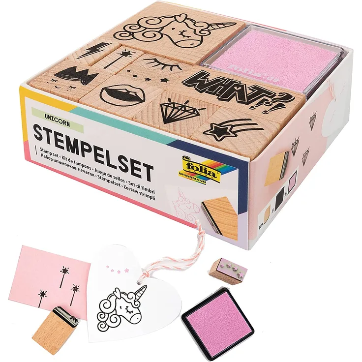 folia 31102 - Holzstempelset Unicorn, inklusive 10 Holzstempel und 2 Stempelkissen - ideal zum Verzieren von Karten, Freundschaftsbüchern, für Lettering und Scrapbooking