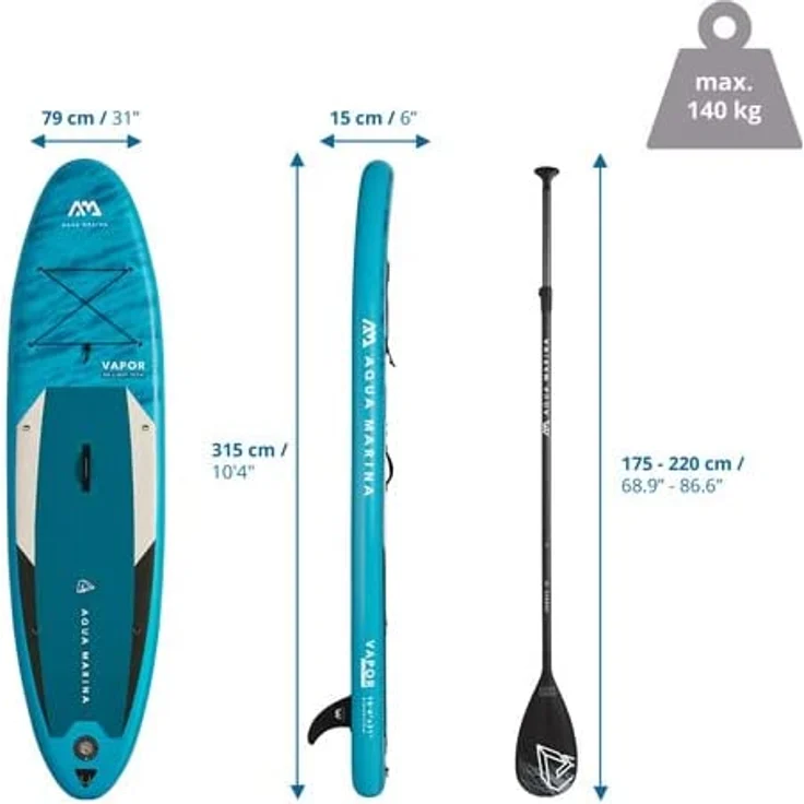 Aqua Marina 'SUP Vapor 10.4', Modell 2022, Komplettset, 315 x 79 x 15 cm, bis 140 kg belastbar, blau – Bild 6