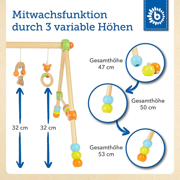 Bieco Spieltrapez | Spielbogen für Babys -Figuren, Rasseln, Kugeln- Höhenverstellbar | Spielebogen Holz Baby | Spieltrapez Holz | Baby Mobile Holz | Activity Center Baby Gym | Holzspielzeug Baby – Bild 3