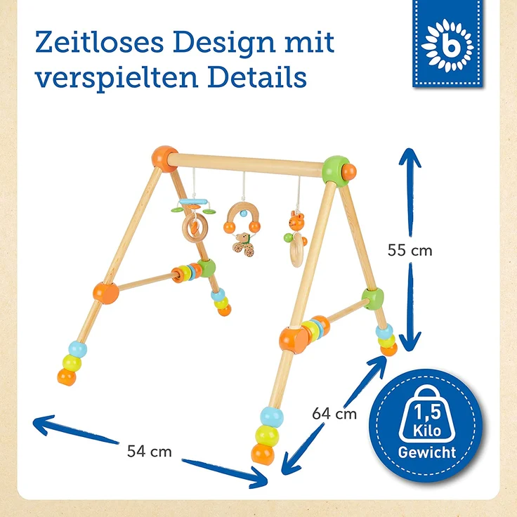 Bieco Spieltrapez | Spielbogen für Babys -Figuren, Rasseln, Kugeln- Höhenverstellbar | Spielebogen Holz Baby | Spieltrapez Holz | Baby Mobile Holz | Activity Center Baby Gym | Holzspielzeug Baby – Bild 4