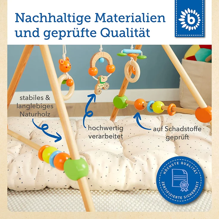 Bieco Spieltrapez | Spielbogen für Babys -Figuren, Rasseln, Kugeln- Höhenverstellbar | Spielebogen Holz Baby | Spieltrapez Holz | Baby Mobile Holz | Activity Center Baby Gym | Holzspielzeug Baby – Bild 6
