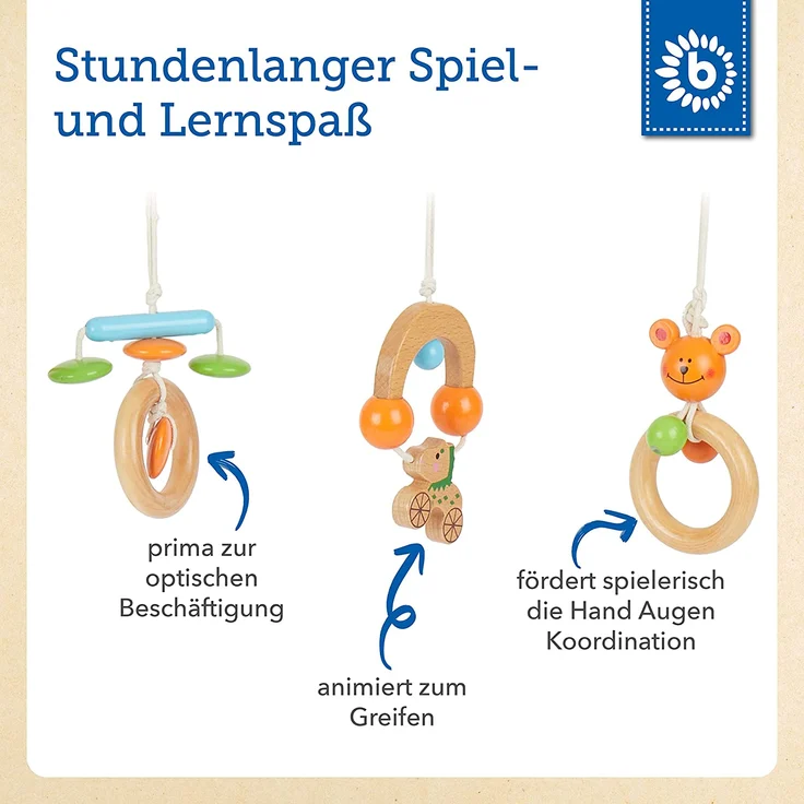 Bieco Spieltrapez | Spielbogen für Babys -Figuren, Rasseln, Kugeln- Höhenverstellbar | Spielebogen Holz Baby | Spieltrapez Holz | Baby Mobile Holz | Activity Center Baby Gym | Holzspielzeug Baby – Bild 5