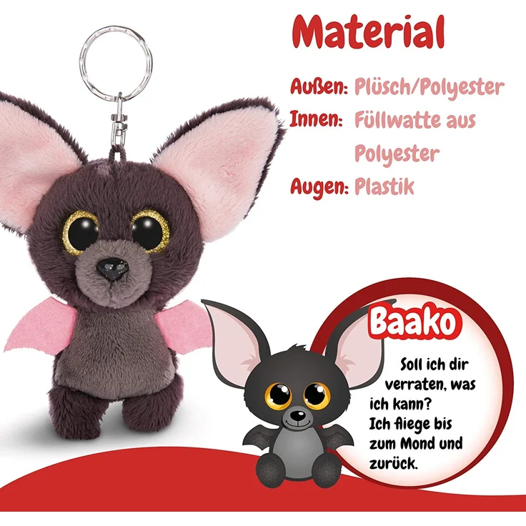 NICI 45540 Glubschis Schlüsselanhänger Fledermaus Baako 9cm, große Glitzeraugen, Plüschtier mit Schlüsselring, grau/pink – Bild 4
