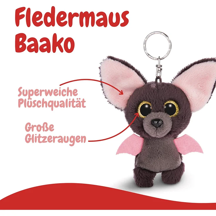 NICI 45540 Glubschis Schlüsselanhänger Fledermaus Baako 9cm, große Glitzeraugen, Plüschtier mit Schlüsselring, grau/pink – Bild 2