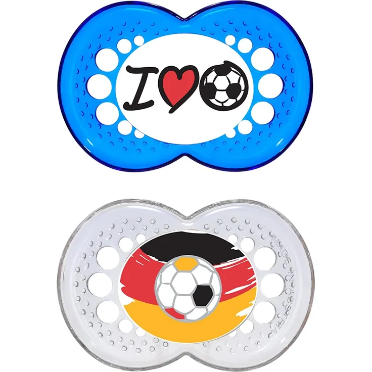 MAM Original Silikon Schnuller „Football“-Kollektion im 2er-Set, zahnfreundlicher Schnuller, Baby Schnuller aus speziellem MAM SkinSoft Silikon mit Schnullerbox, 6-16 Monate, blau