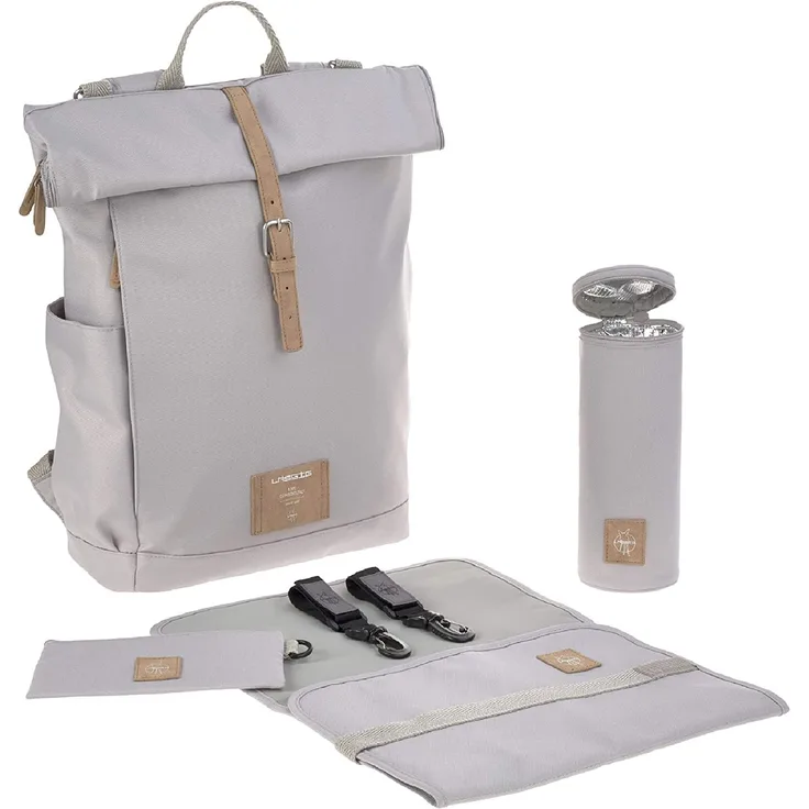 LÄSSIG Baby Wickelrucksack mit Wickelunterlage, Kinderwagenbefestigung, Flaschenwärmer wasserabweisend nachhaltig produziert/Rolltop Backpack grey
