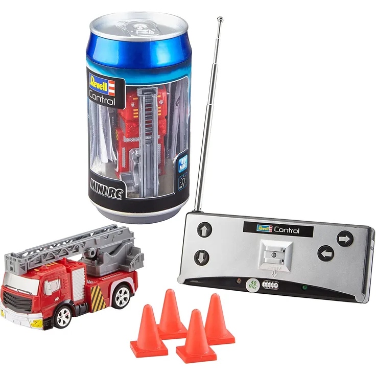 Revell Control 23558 Mini RC Car Feuerwehr aus der Dose mit 40MHz-Fernsteuerung inkl. Ladefunktion, LED-Licht, kurze Ladezeit, lange Fahrzeit 8 kleines ferngesteuertes Auto, Fire Truck, Multicolour
