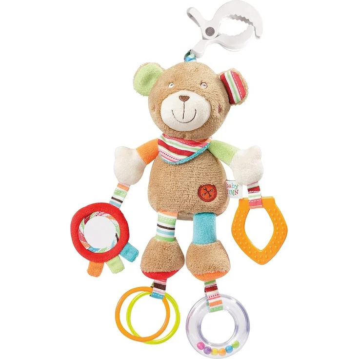 Fehn 091878 Activity-Spieltier Teddy – Motorikspielzeug zum Aufhängen mit Spiegel & Ringen zum Beißen, Greifen und Geräusche erzeugen – Für Babys und Kleinkinder ab 0+ Monaten – Bild 1