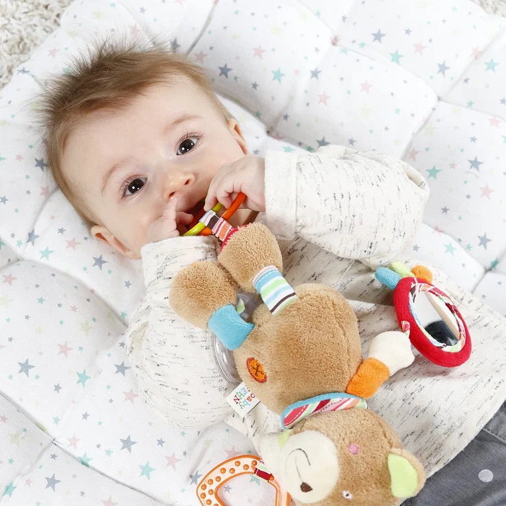 Fehn 091878 Activity-Spieltier Teddy – Motorikspielzeug zum Aufhängen mit Spiegel & Ringen zum Beißen, Greifen und Geräusche erzeugen – Für Babys und Kleinkinder ab 0+ Monaten – Bild 2