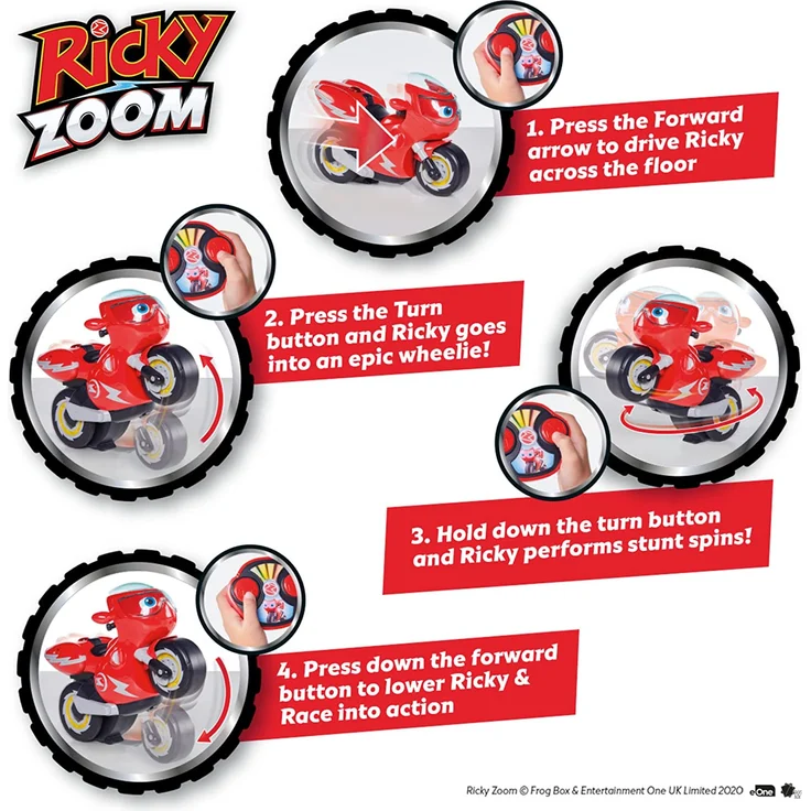 RC Turbo Trick Ricky, das Stuntmotorrad mit Fernsteuerung macht Wheelies und atemberaubende 360-Grad Drehungen, Ricky Zoom liefert perfekte Abenteuer für Kinder im Vorschulalter und Fans der Serie! – Bild 3