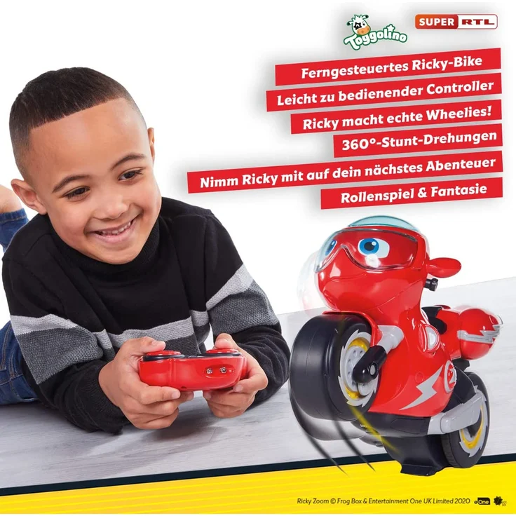 RC Turbo Trick Ricky, das Stuntmotorrad mit Fernsteuerung macht Wheelies und atemberaubende 360-Grad Drehungen, Ricky Zoom liefert perfekte Abenteuer für Kinder im Vorschulalter und Fans der Serie! – Bild 2