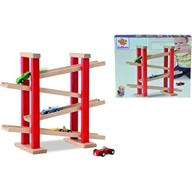 Eichhorn - Autorennbahn inkl. 4x Fahrzeugen, 38x31cm, 5-tlg., FSC 100% Zertifiziertes Buchenholz, Made in Germany