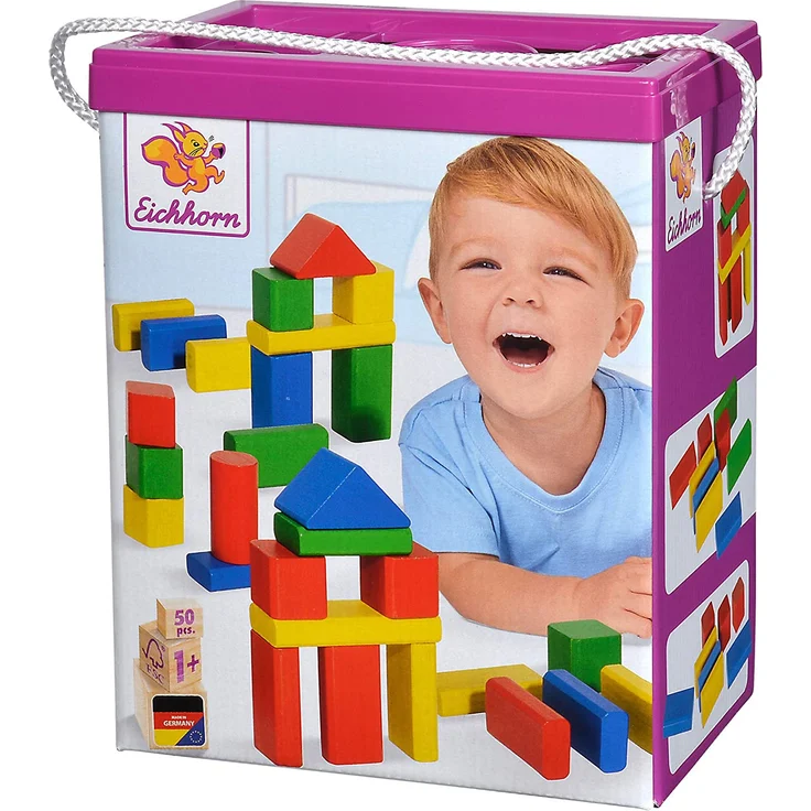 Eichhorn 50 bunte Holzbausteine in Aufbewahrungsbox mit Sortierdeckel, FSC 100% zertifiziertes Buchenholz, Holzbausteine hergestellt in Deutschland, Motorikspielzeug geeignet für Kinder ab 1 Jahr – Bild 1