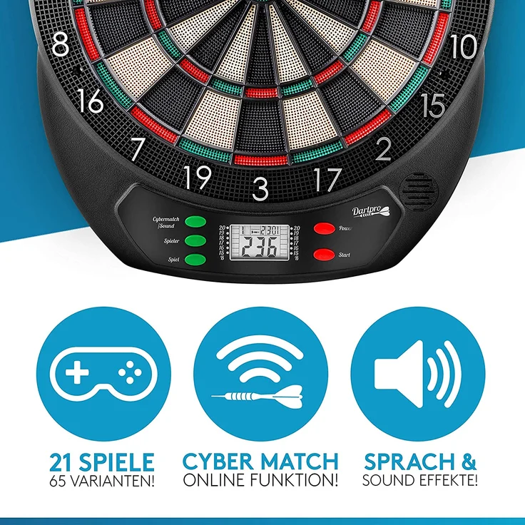 DartPro Dartscheibe elektronisch - Dartboard mit 6 Darts [kabellos nutzbar] - Innovativer Dartautomat mit 65 Varianten - Dart für 1 bis 8 Spieler – Bild 3