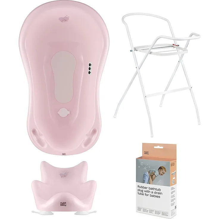 Baby Badewanne Set mit Gestell und Badewannensitz - für Neugeborene und Babys - stabil und bequem, Farbe: rose, Motiv:Hug Me, Marke:Hylat Baby