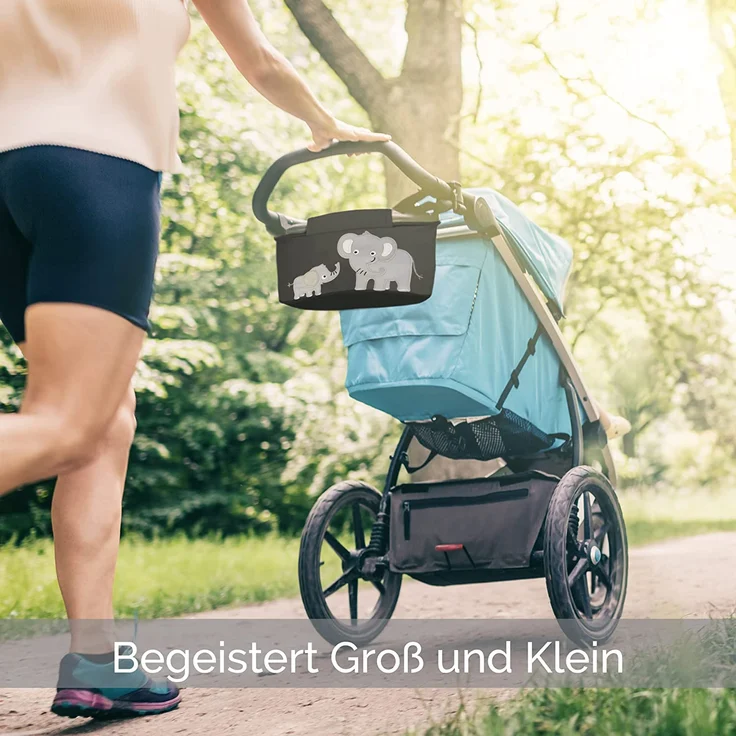 GLÜCKSWOLKE Kinderwagen Organizer - 12 Motive I Kinderwagentasche verschließbar I Kinder Buggy Tasche mit Feuchttuchspender I Baby Stroller Bag Black I Aufbewahrungstasche (Emil Elefant I schwarz) – Bild 5