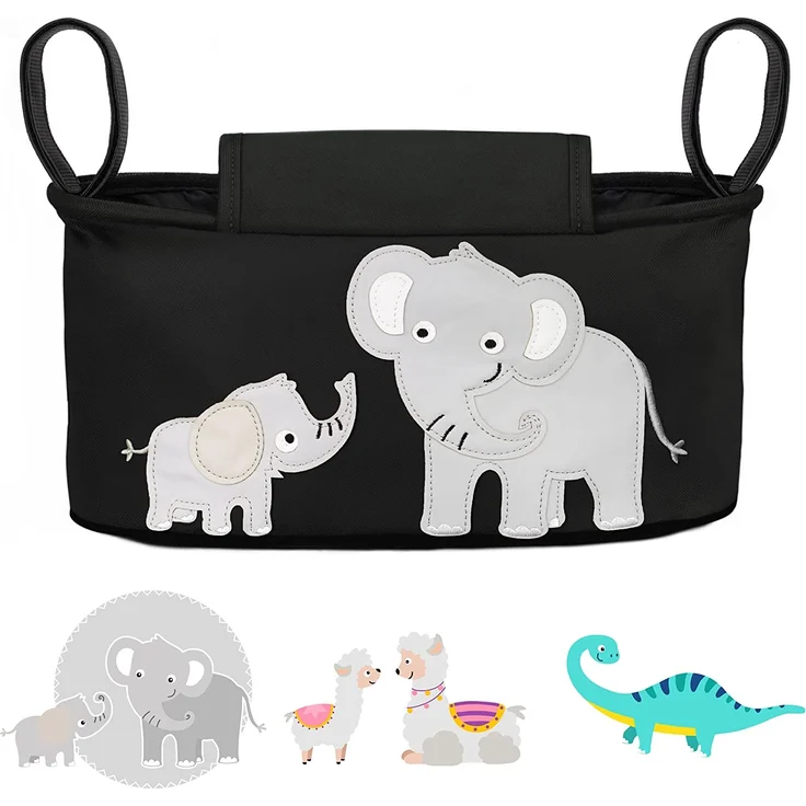 GLÜCKSWOLKE Kinderwagen Organizer - 12 Motive I Kinderwagentasche verschließbar I Kinder Buggy Tasche mit Feuchttuchspender I Baby Stroller Bag Black I Aufbewahrungstasche (Emil Elefant I schwarz) – Bild 1