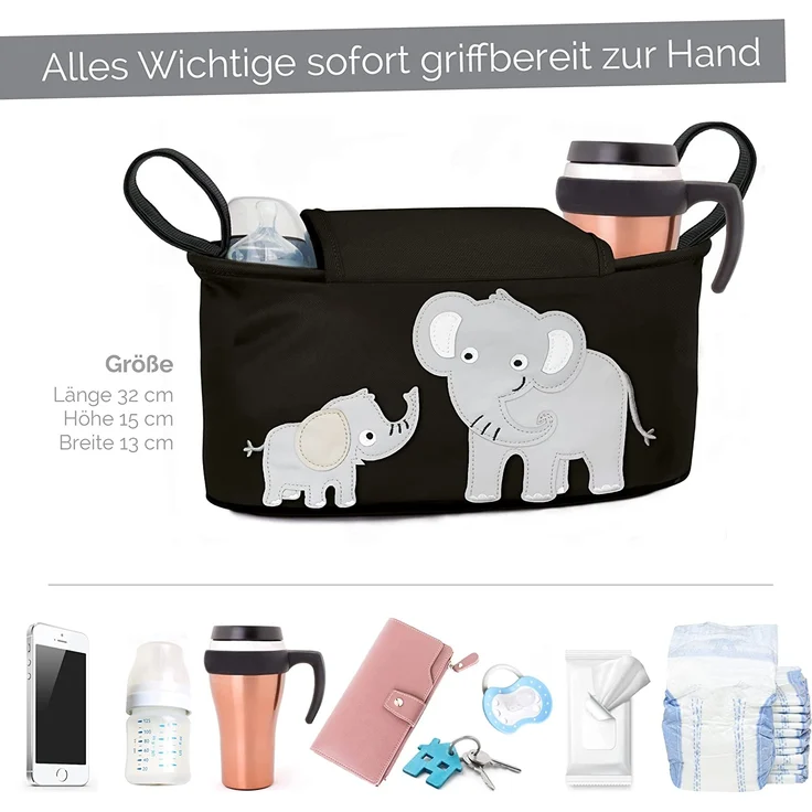 GLÜCKSWOLKE Kinderwagen Organizer - 12 Motive I Kinderwagentasche verschließbar I Kinder Buggy Tasche mit Feuchttuchspender I Baby Stroller Bag Black I Aufbewahrungstasche (Emil Elefant I schwarz) – Bild 3