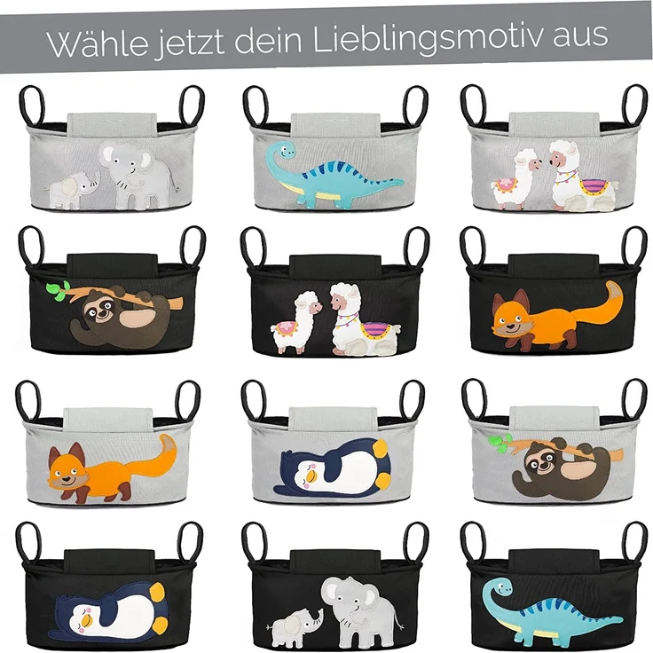 GLÜCKSWOLKE Kinderwagen Organizer - 12 Motive I Kinderwagentasche verschließbar I Kinder Buggy Tasche mit Feuchttuchspender I Baby Stroller Bag Black I Aufbewahrungstasche (Emil Elefant I schwarz) – Bild 7