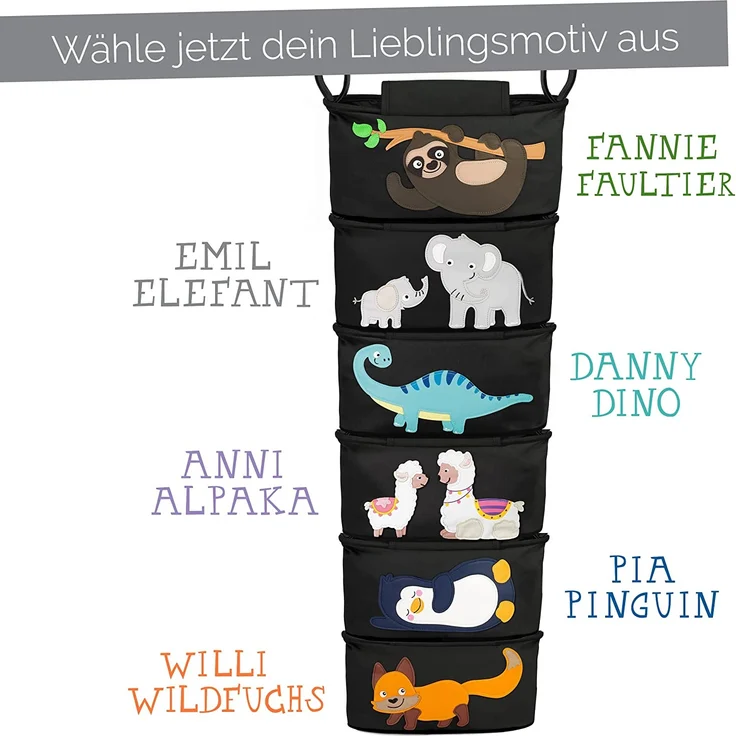 GLÜCKSWOLKE Kinderwagen Organizer - 12 Motive I Kinderwagentasche verschließbar I Kinder Buggy Tasche mit Feuchttuchspender I Baby Stroller Bag Black I Aufbewahrungstasche (Emil Elefant I schwarz) – Bild 8