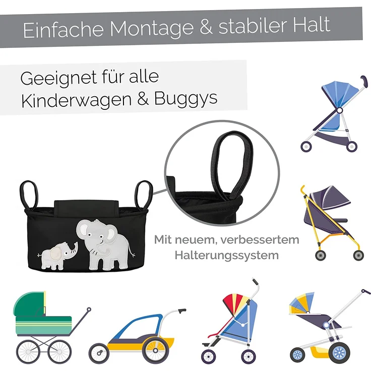 GLÜCKSWOLKE Kinderwagen Organizer - 12 Motive I Kinderwagentasche verschließbar I Kinder Buggy Tasche mit Feuchttuchspender I Baby Stroller Bag Black I Aufbewahrungstasche (Emil Elefant I schwarz) – Bild 4