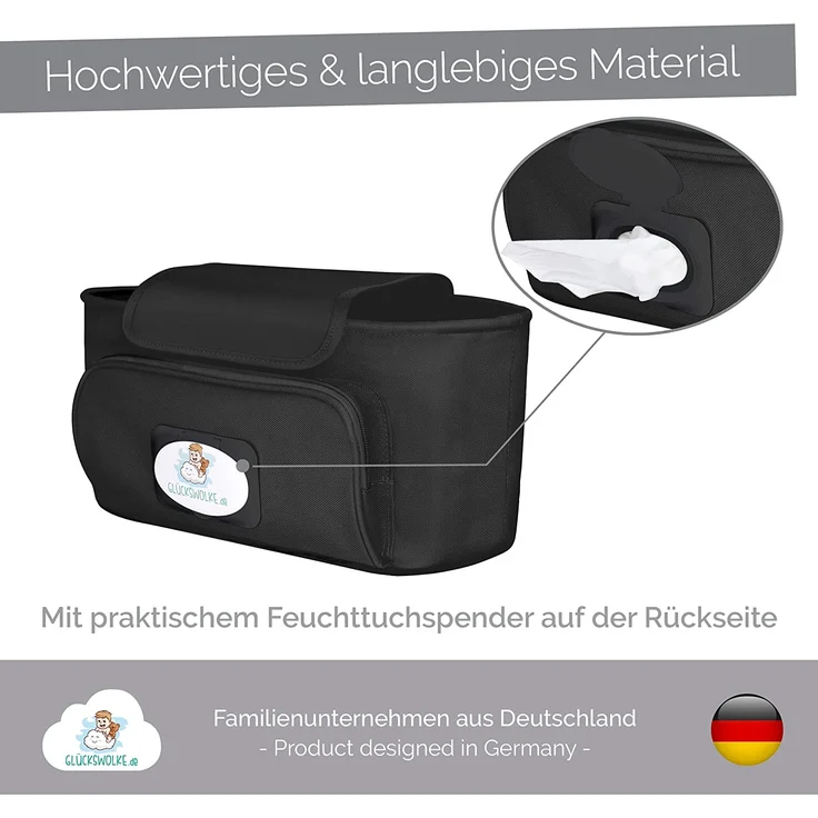 GLÜCKSWOLKE Kinderwagen Organizer - 12 Motive I Kinderwagentasche verschließbar I Kinder Buggy Tasche mit Feuchttuchspender I Baby Stroller Bag Black I Aufbewahrungstasche (Emil Elefant I schwarz) – Bild 6