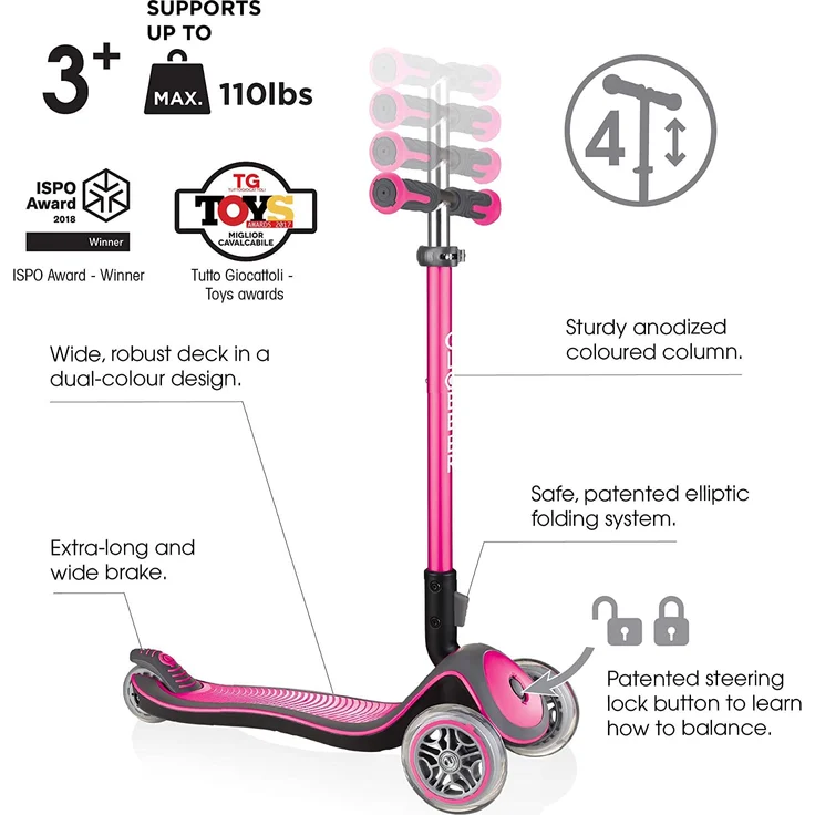 GLOBBER Elite Lights Deluxe Scooter, pink, mit Leuchtrollen – Bild 2