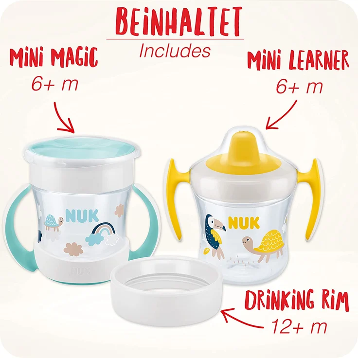 NUK Mini Cups 3-in-1-Trinklernbecherset Mini Magic Cup und Trainer Cup Auslaufsicherer 360°-Trinkrand ab 6 Monaten Praktische Griffe BPA-frei 160 ml 2 Stück – Bild 2