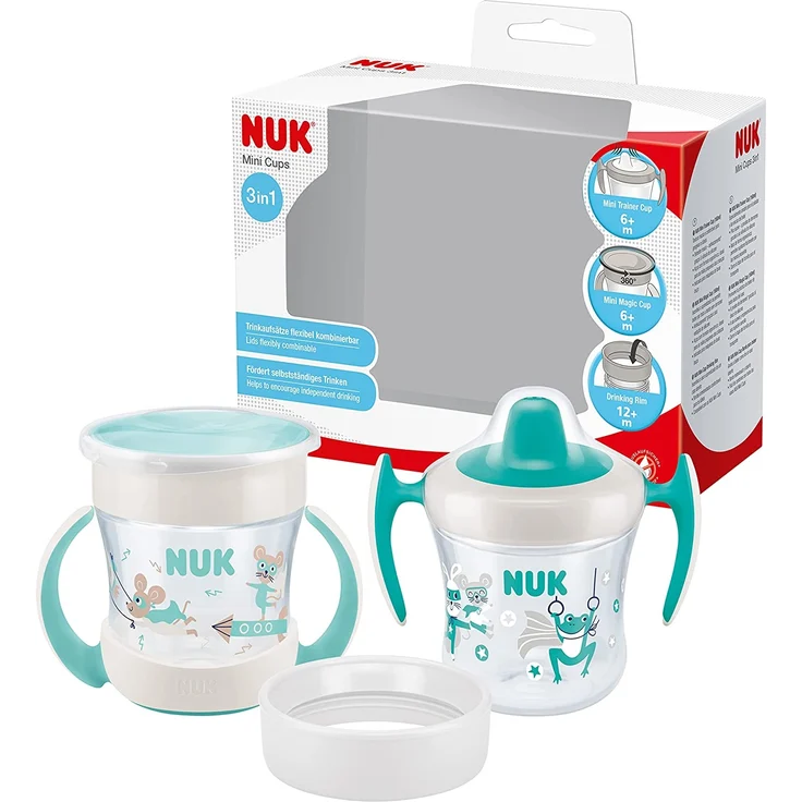 NUK Mini Cups 3-in-1-Trinklernbecherset Mini Magic Cup und Trainer Cup Auslaufsicherer 360°-Trinkrand ab 6 Monaten Praktische Griffe BPA-frei 160 ml 2 Stück – Bild 1
