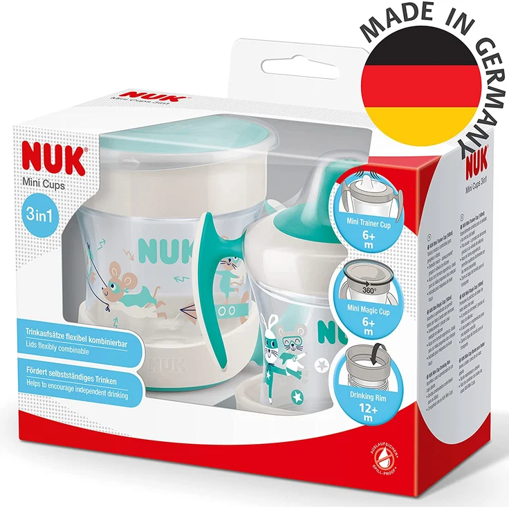 NUK Mini Cups 3-in-1-Trinklernbecherset Mini Magic Cup und Trainer Cup Auslaufsicherer 360°-Trinkrand ab 6 Monaten Praktische Griffe BPA-frei 160 ml 2 Stück – Bild 4