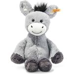 Steiff 073748 Original Plüschtier Dinkie Esel, Soft Cuddly Friends Kuscheltier ca. 30 cm, Markenplüsch mit Knopf im Ohr, Schmusefreund für Babys von Geburt an, graublau