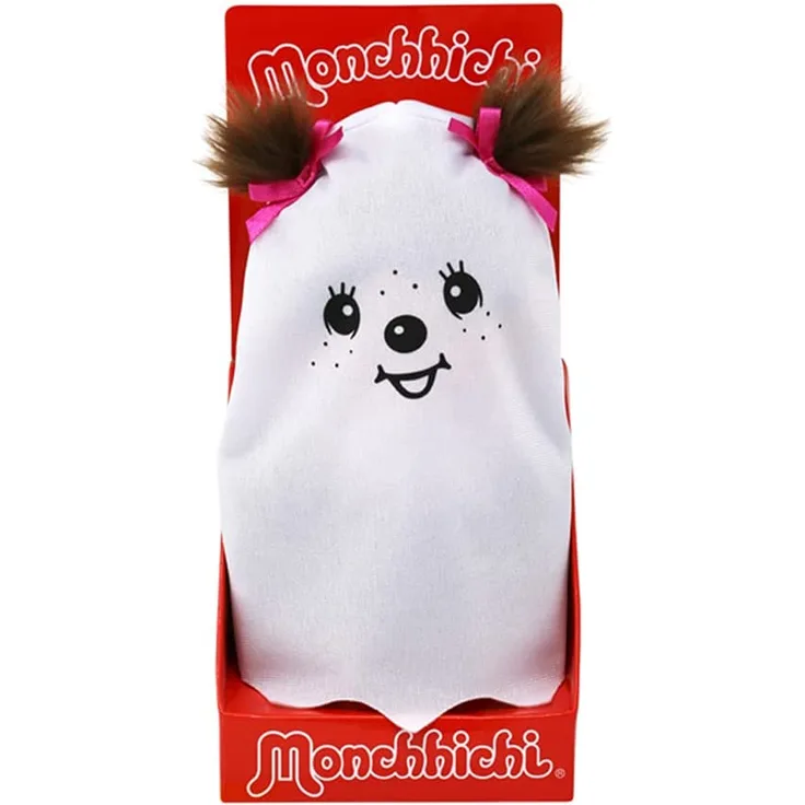 Sekiguchi 242092 - Original Monchhichi Mädchen "Freundlicher Geist", Plüsch-Figur mit weißem Flatter-Umhang und Schleife im Haar, Kuscheltier aus braunem Plüsch, ca. 20 cm groß