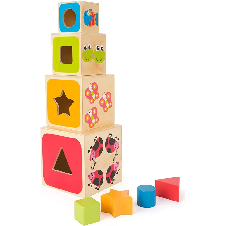 Small Foot 10627 Stapelwürfel aus Holz mit bunten Tiermotiven und integriertem Steckspiel Spielzeug