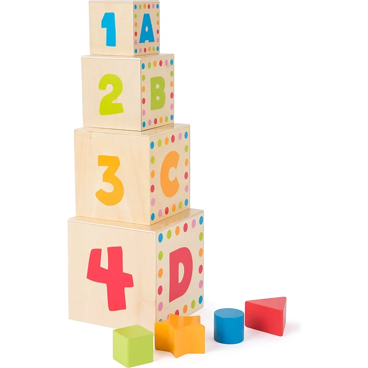 Small Foot 10627 Stapelwürfel aus Holz mit bunten Tiermotiven und integriertem Steckspiel Spielzeug – Bild 2