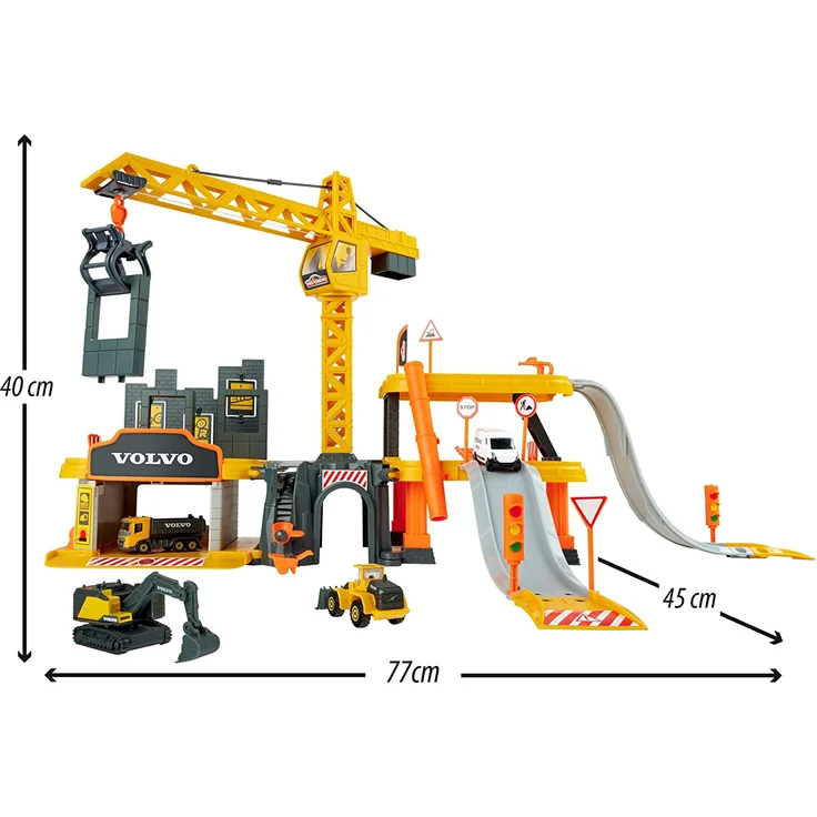 Majorette 212050032 Creatix Großbaustelle – XXL Baustellen-Spielset, mit 5 Volvo Baustellenfahrzeugen, Kran, Tunnel, Garage, DREI Ebenen, für Jungen und Mädchen ab 5 Jahren, gelb – Bild 2