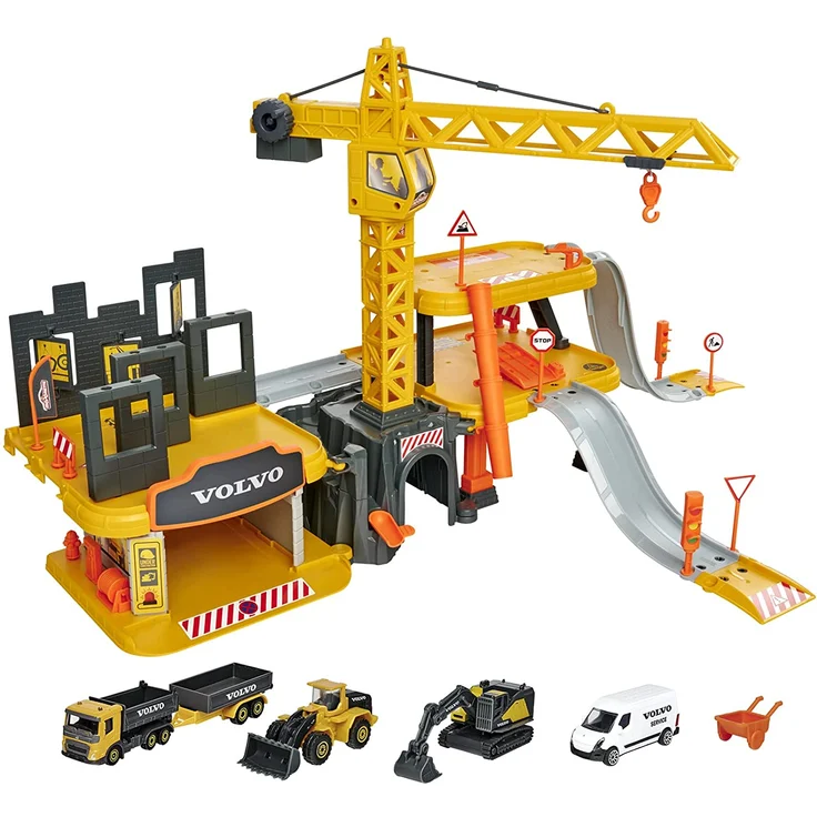 Majorette 212050032 Creatix Großbaustelle – XXL Baustellen-Spielset, mit 5 Volvo Baustellenfahrzeugen, Kran, Tunnel, Garage, DREI Ebenen, für Jungen und Mädchen ab 5 Jahren, gelb – Bild 1