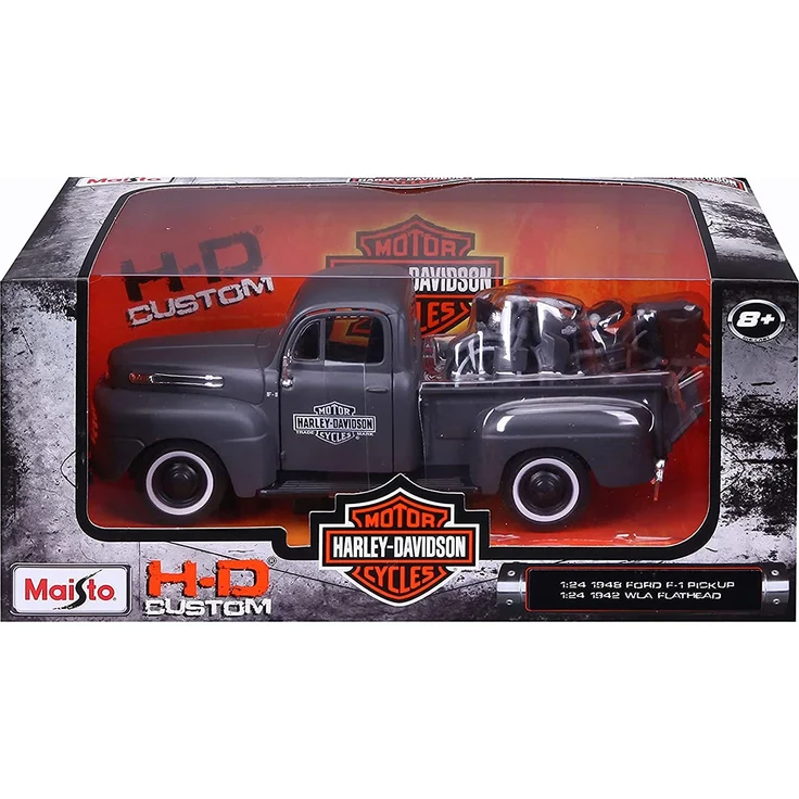 Maisto 32185 WLA Flathead (1942) + Ford F-1 Pickup (1948) Transporter 1:24, schwarz – Bild 8