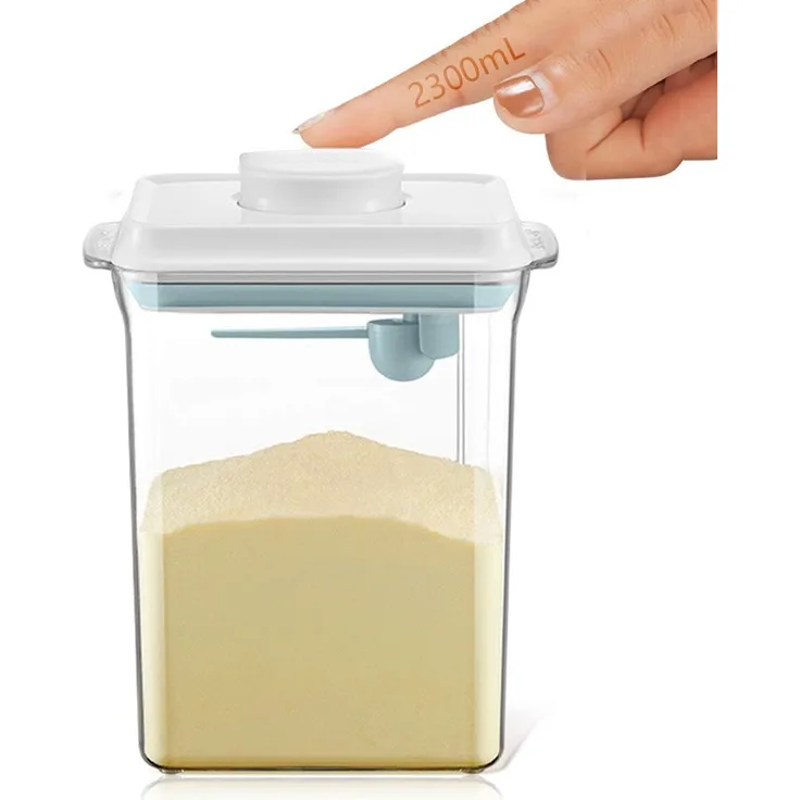 2. 3L Luftdichte Milchpulver-Spender, Tragbarer Milchpulver-Kasten,Milchpulver Behälter mit Löffel, Einhandbedienung, Abnehmbar, zur Aufbewahrung von Baby Milchpulver, Obst und Lebensmitteln