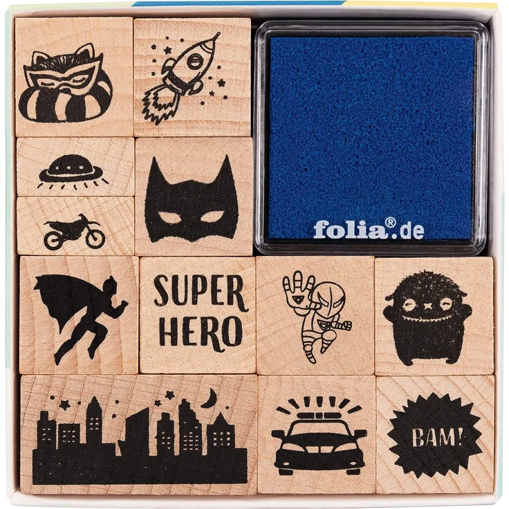 Glorex Holzstempel-Set Superheros 12 Stempel + 2 Kissen – Bild 2