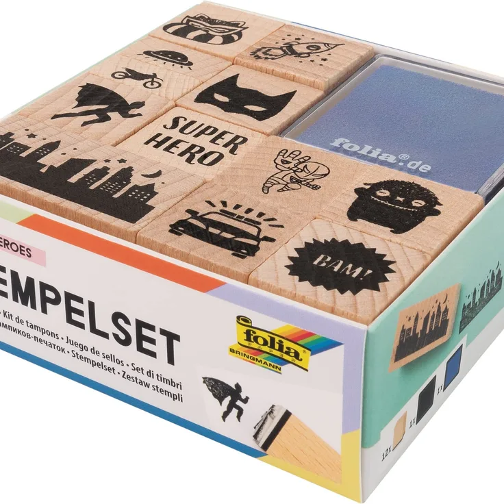 Glorex Holzstempel-Set Superheros 12 Stempel + 2 Kissen