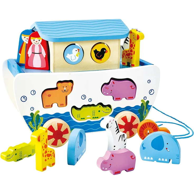 Hape E8049 - Nachzieh-Arche, Nachziehspielzeug, inkl. Formensortierer und Figuren, aus Holz, ab 12 Monate