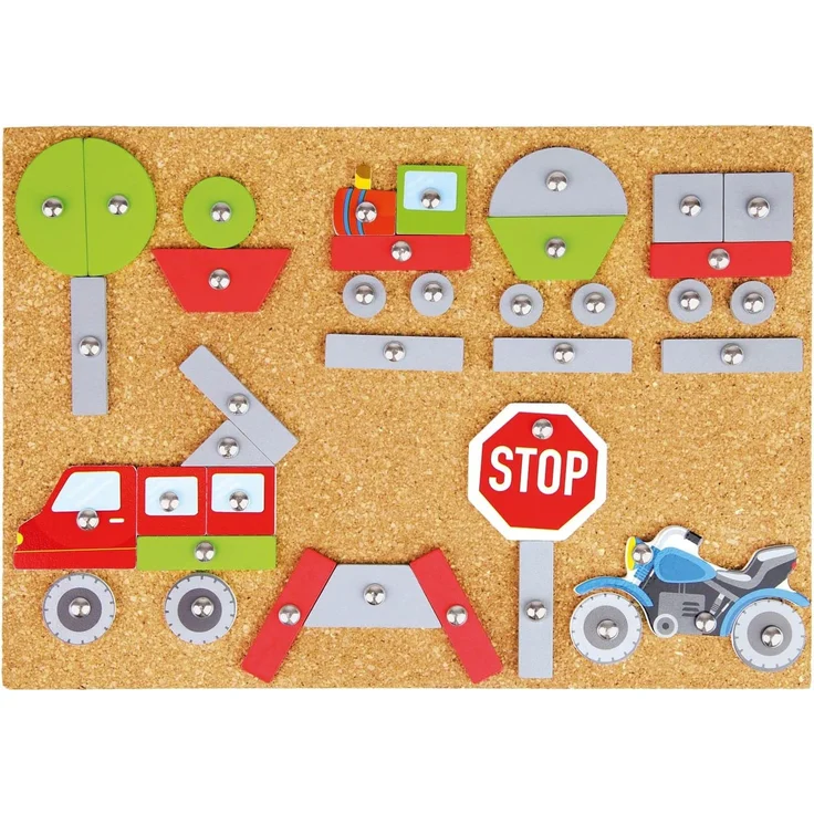 Lena 65826 Hammerspiel Fahrzeuge, Nagelspiel mit 64 farbigen Teilen in verschiedenen Formen, Grundplatte aus Kork, ca. 28 x 19,5 x 1,4 cm, Hammer und Nägel, Hämmerchenspiel für Kinder ab 3 Jahre, Bunt – Bild 3