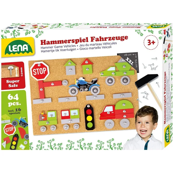 Lena 65826 Hammerspiel Fahrzeuge, Nagelspiel mit 64 farbigen Teilen in verschiedenen Formen, Grundplatte aus Kork, ca. 28 x 19,5 x 1,4 cm, Hammer und Nägel, Hämmerchenspiel für Kinder ab 3 Jahre, Bunt