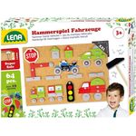 Lena 65826 Hammerspiel Fahrzeuge, Nagelspiel mit 64 farbigen Teilen in verschiedenen Formen, Grundplatte aus Kork, ca. 28 x 19,5 x 1,4 cm, Hammer und Nägel, Hämmerchenspiel für Kinder ab 3 Jahre, Bunt